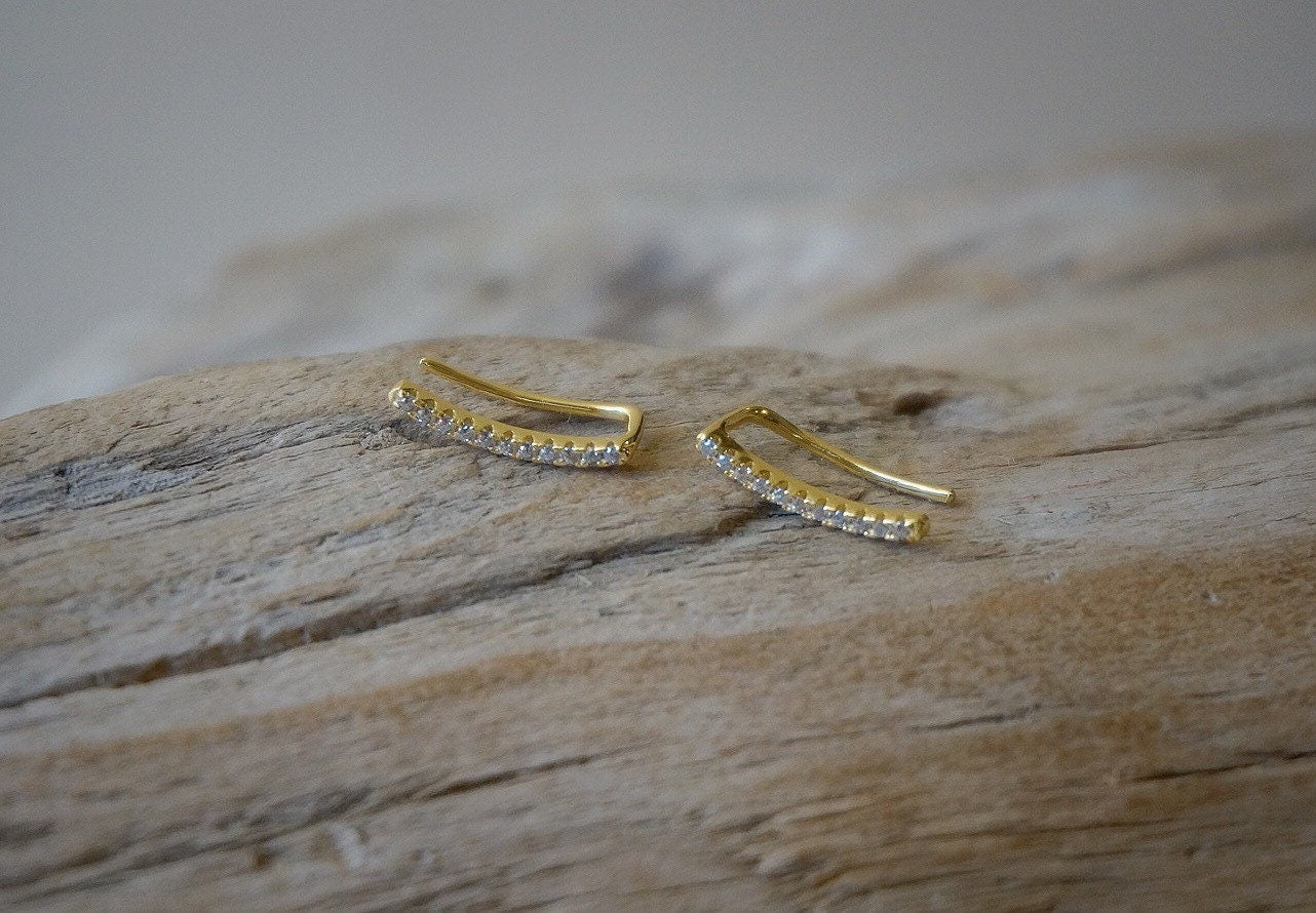 Sterling Silver Minimalist diamond Ear Climbers/Ear Crawlers/gold bar ear climbers/silver diamond bar ear crawlers/ear climber earrings