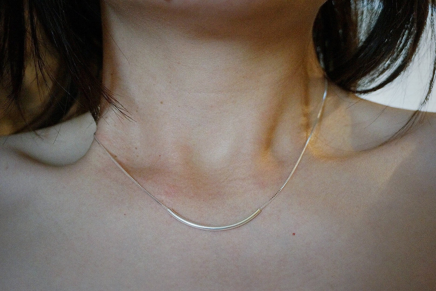 Sterling Silver dainty Curved tube bar adjustable necklace/minimalist necklace/silver bar necklace