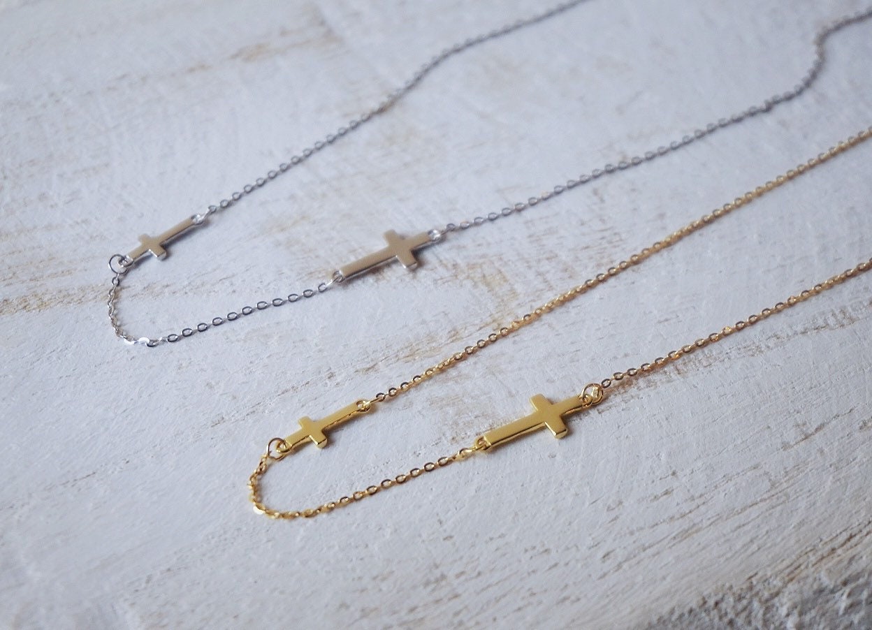 Sterling silver sideways cross necklace/Gold cross necklace/Dainty Cross necklace/chain cross necklace/minimalist necklace