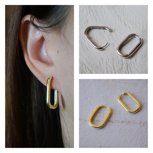 14k gold plated over sterling silver rectangle hoop earrings/Square Oval Hook Earrings Ear drop/Rectangle Huggie Earring/hick Hoop Huggie
