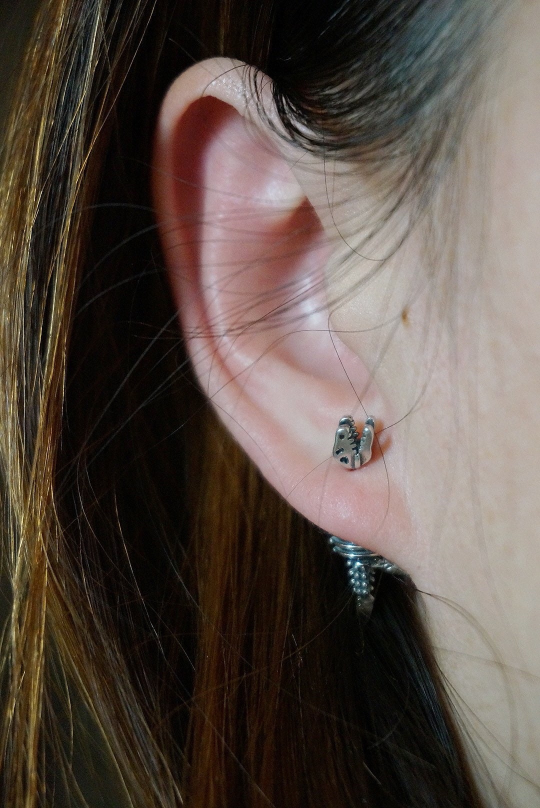 Sterling silver Dinosaur earrings/Dinosaur ear jacket/front back earrings/Animal Themed Two Part Earrings