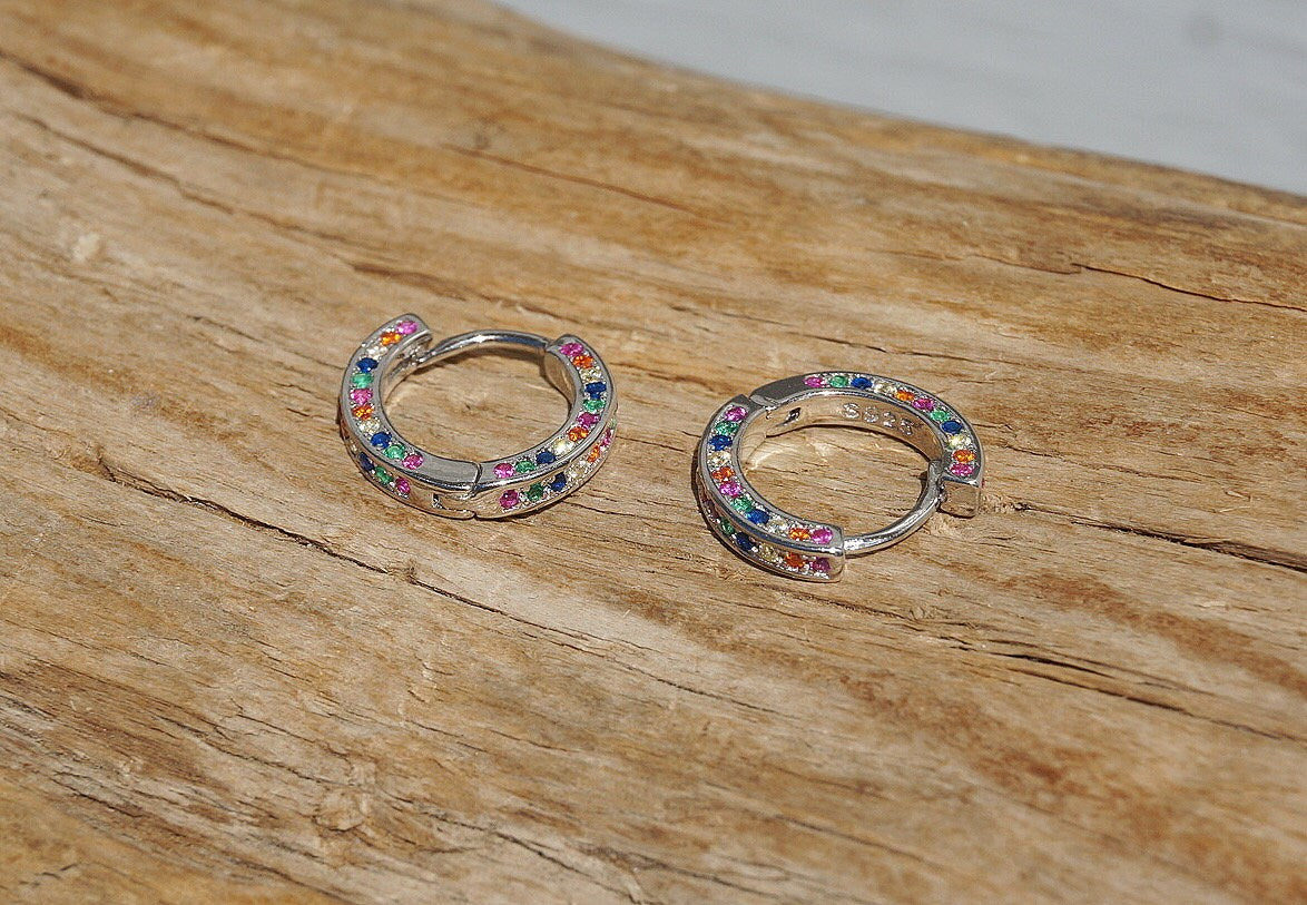 Sterling Silver rainbow diamond huggie hoop earrings/Minimalist Crystal Huggie Hoop Earrings/Rainbow Color Crystal Hoops/simple hoop earring