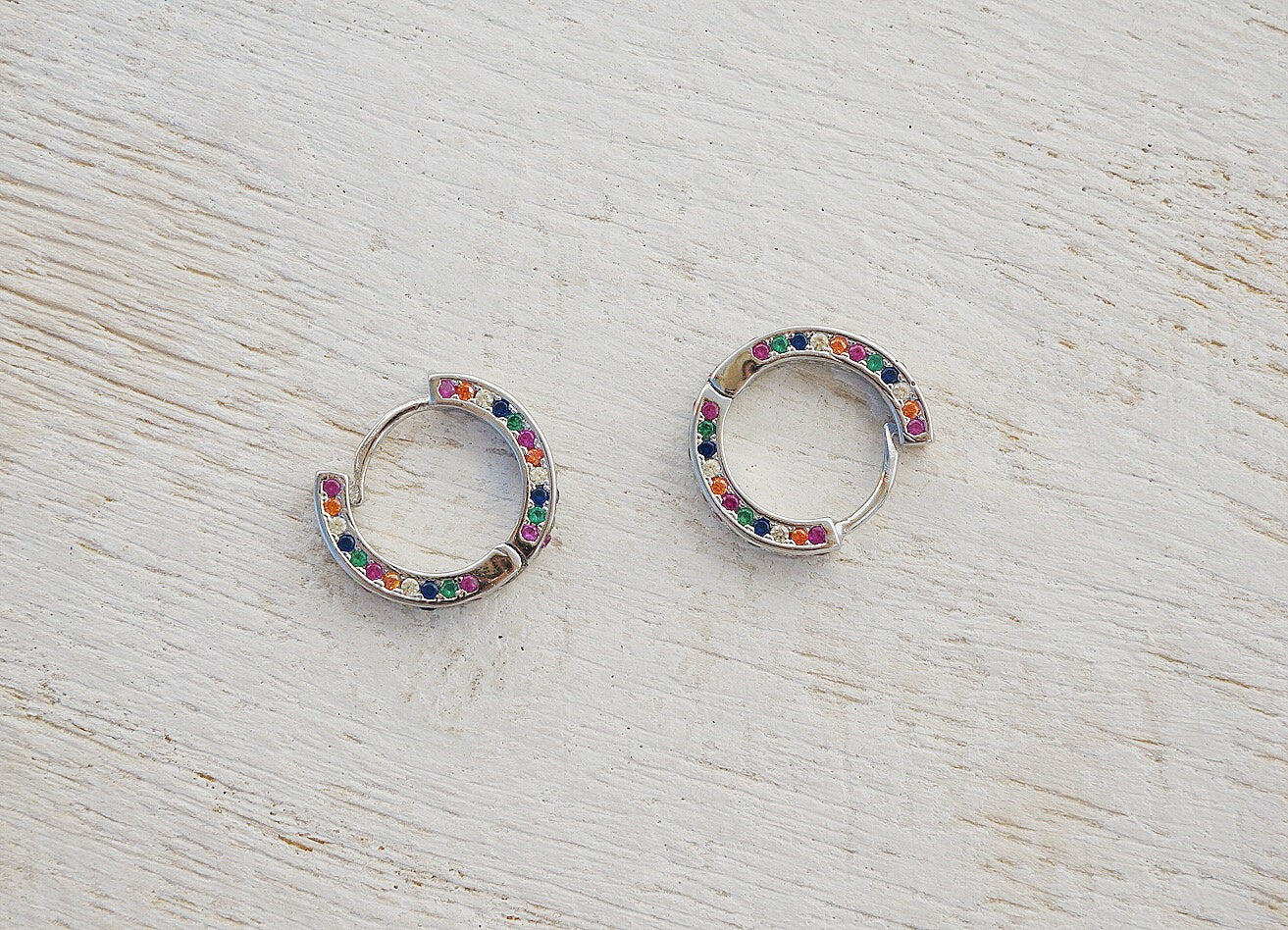 Sterling Silver rainbow diamond huggie hoop earrings/Minimalist Crystal Huggie Hoop Earrings/Rainbow Color Crystal Hoops/simple hoop earring