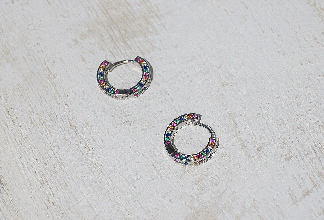 Sterling Silver rainbow diamond huggie hoop earrings/Minimalist Crystal Huggie Hoop Earrings/Rainbow Color Crystal Hoops/simple hoop earring