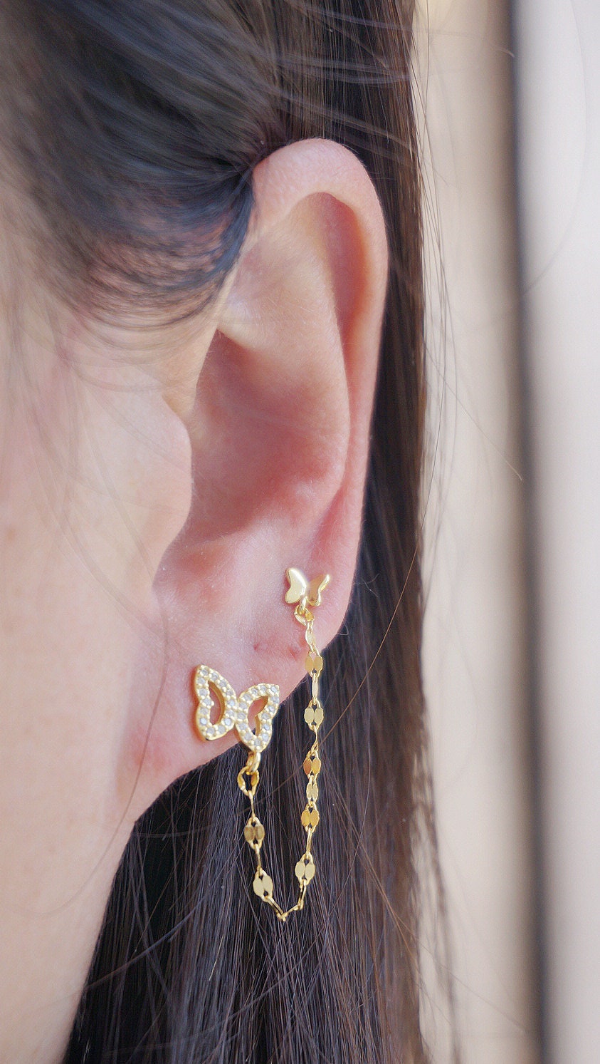 Sterling silver Butterfly Double Piercing Earrings/gold butterfly stud earrings/minimalist stud earrings/butterfly earrings