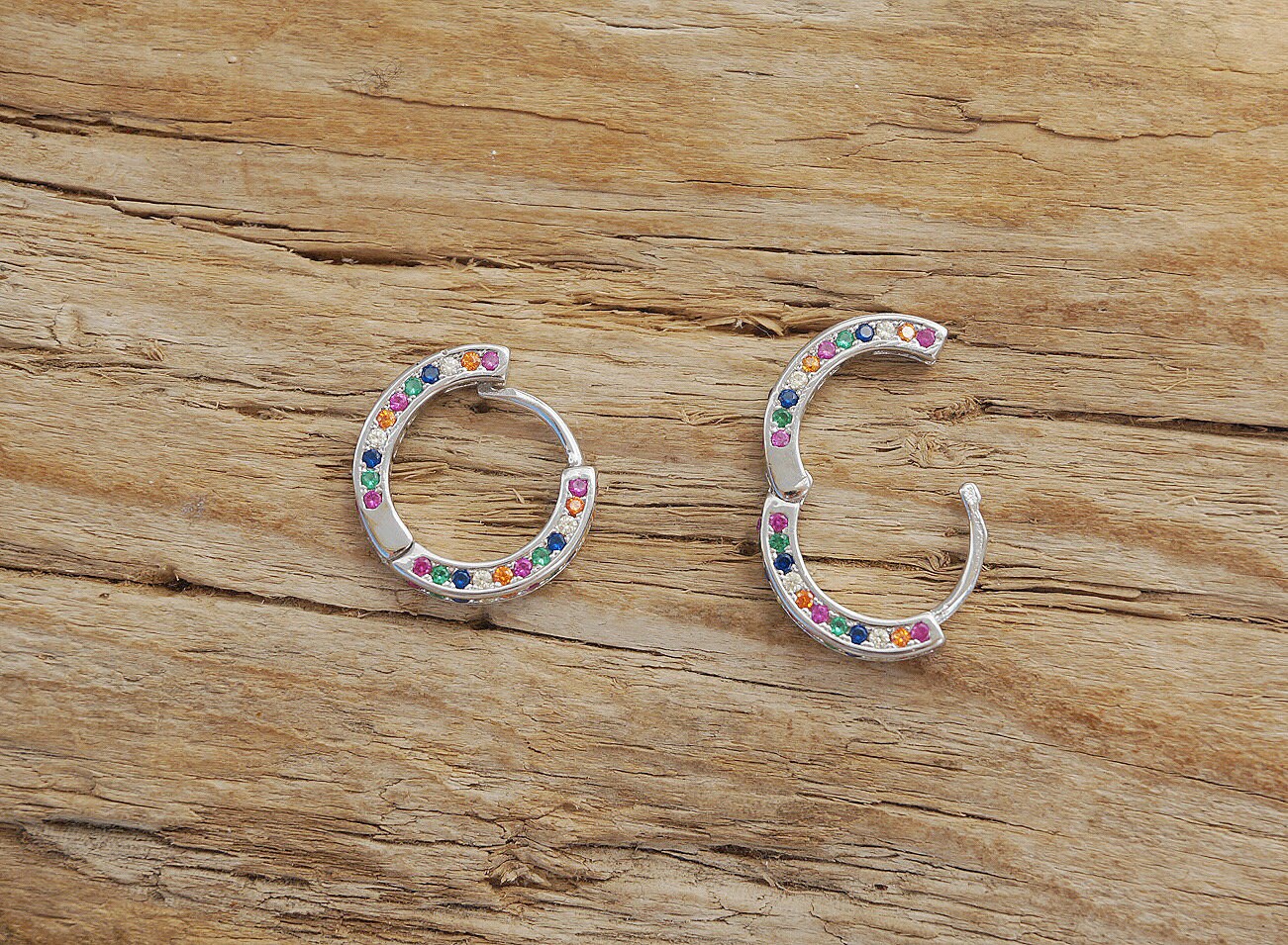 Sterling Silver rainbow diamond huggie hoop earrings/Minimalist Crystal Huggie Hoop Earrings/Rainbow Color Crystal Hoops/simple hoop earring