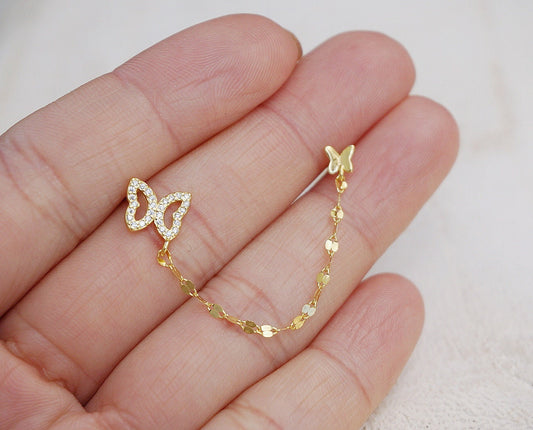 Sterling silver Butterfly Double Piercing Earrings/gold butterfly stud earrings/minimalist stud earrings/butterfly earrings